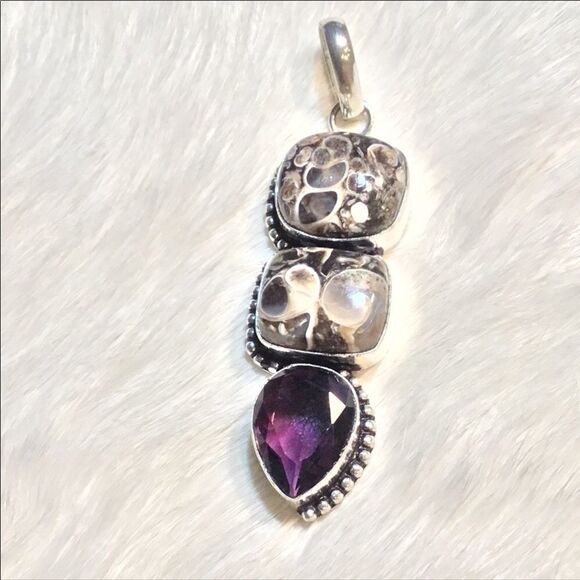 Double Agate with Faceted Teardrop Amethyst Pendant Choker Necklace NEW - Picture 2 of 4